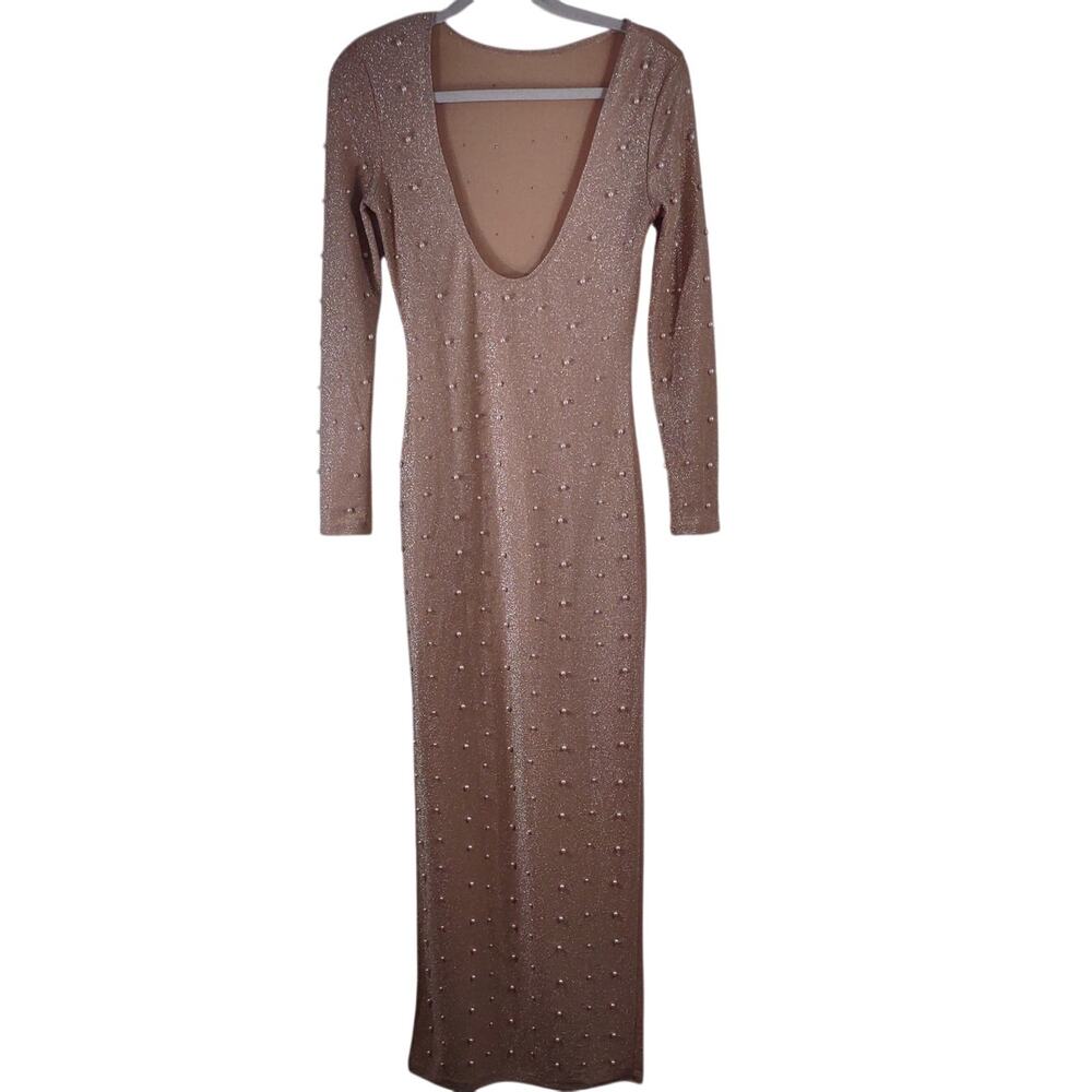 Nude Pearl Embellished Maxi Dress, Fitted, Size Small